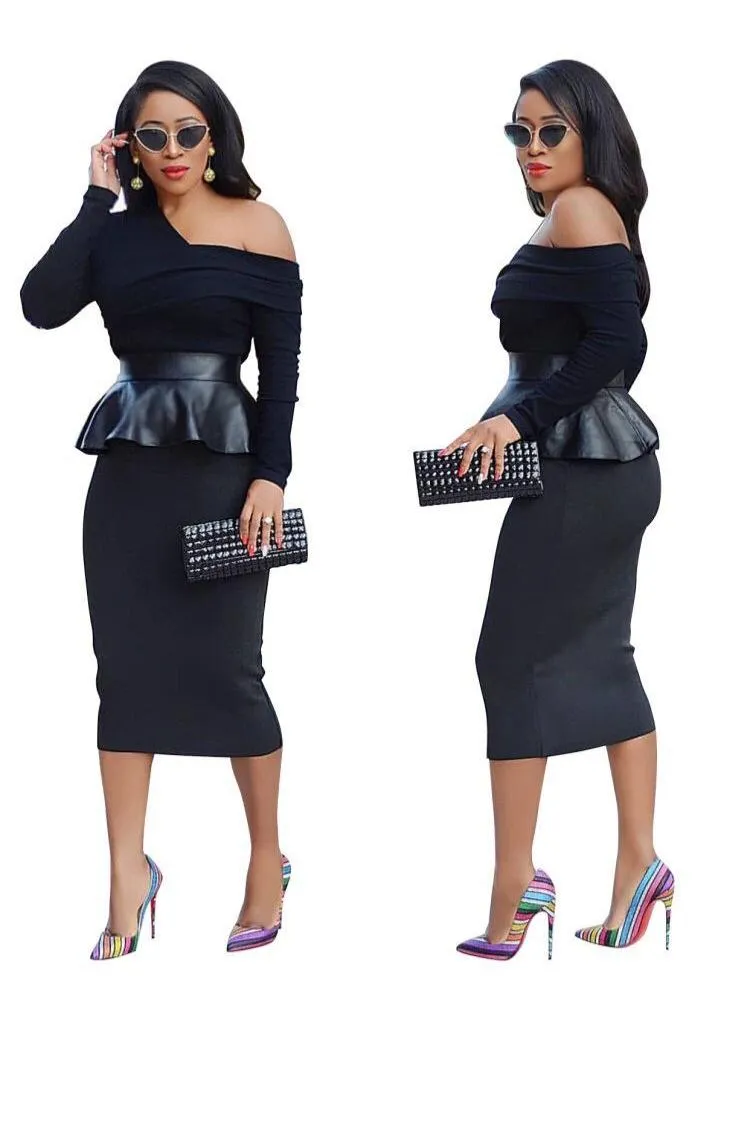 Etnik Giyim Afrika Geleneksel Elbise Üst Etek Ile 2 Parça Set Uzun Kollu Siyah Renk Deri Femme