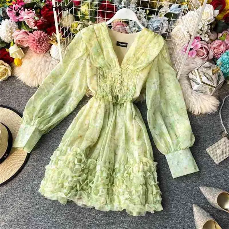 Vintage Gothic Dress Woman V-neck Green Vestido Clothing Lolita Printed High Waist Chiffon Mini Female Spring 210603