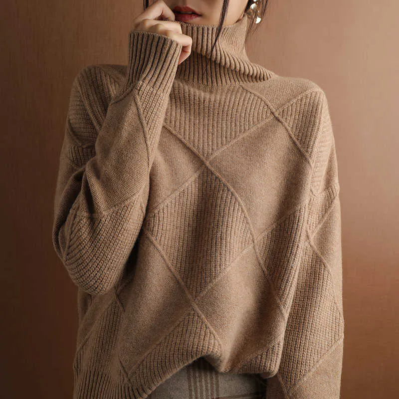 Cashmere sweater women turtleneck pure color knitted pullover 100% wool loose large size 211011