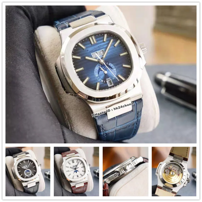 Relógios de alta qualidade 5726 calendário anual de aço inoxidável CAL.324 Autoamtic Mens Watch azul preto branco mostrador pulseira de couro esportes relógios de pulso