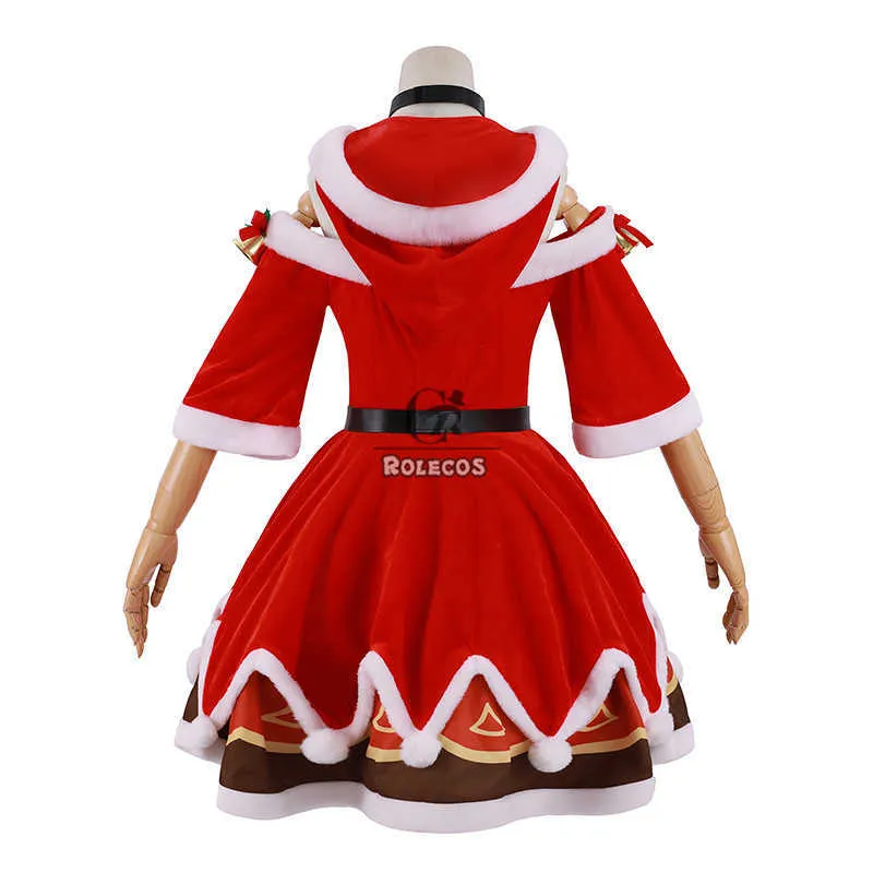 ROLECOS Game Genshin Impact Barbara Cosplay Costume Christmas Dress Women Red Party Hat Full Set Y0913