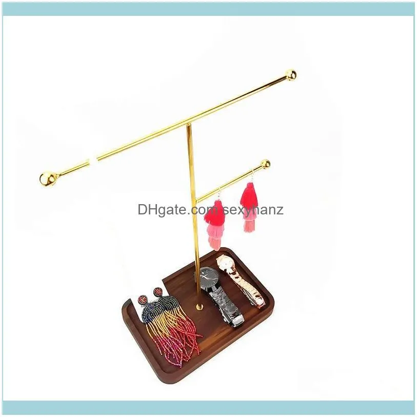 Walnut Base Jewelry Display Stand Metal Storage Rack Gold Necklace Earring Hanger Pouches, Bags