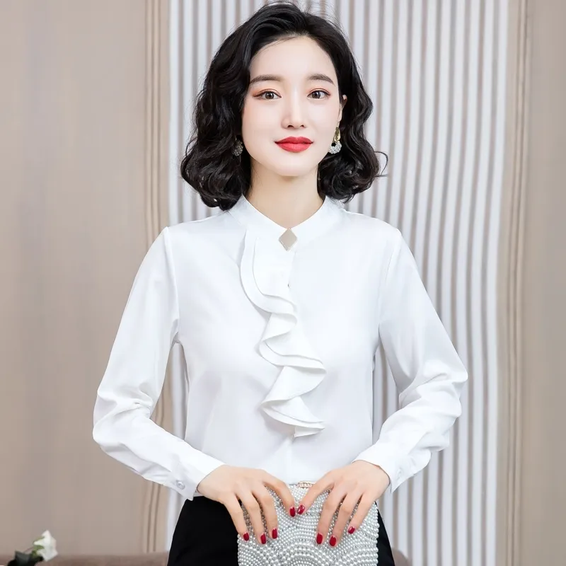 Shirt Women Chiffon Autumn Stand Collar Pleated Ruffle Solid Color Long-Sleeved Women's Blouse Clothes 609B 210420