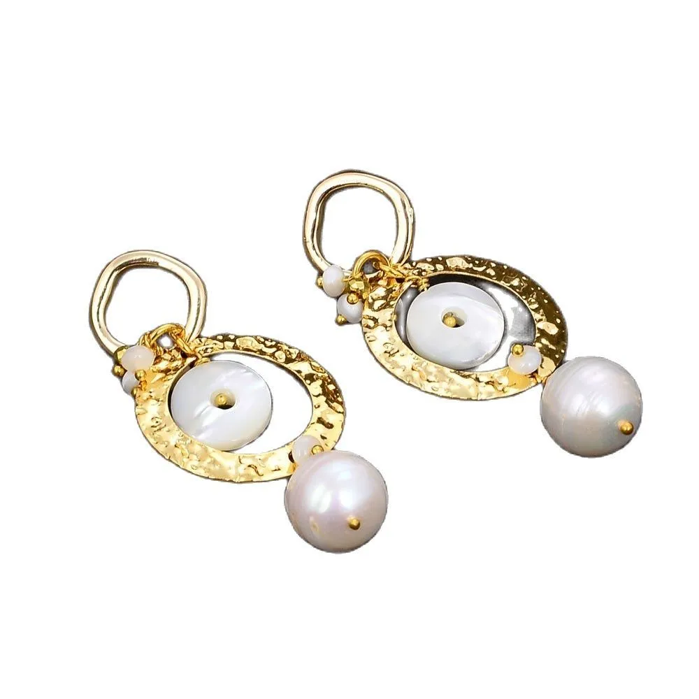 JK – boucles d'oreilles pendantes en forme de pièce de monnaie de riz blanc naturel, faites à la main, en perles de cristal plaquées or, cercle