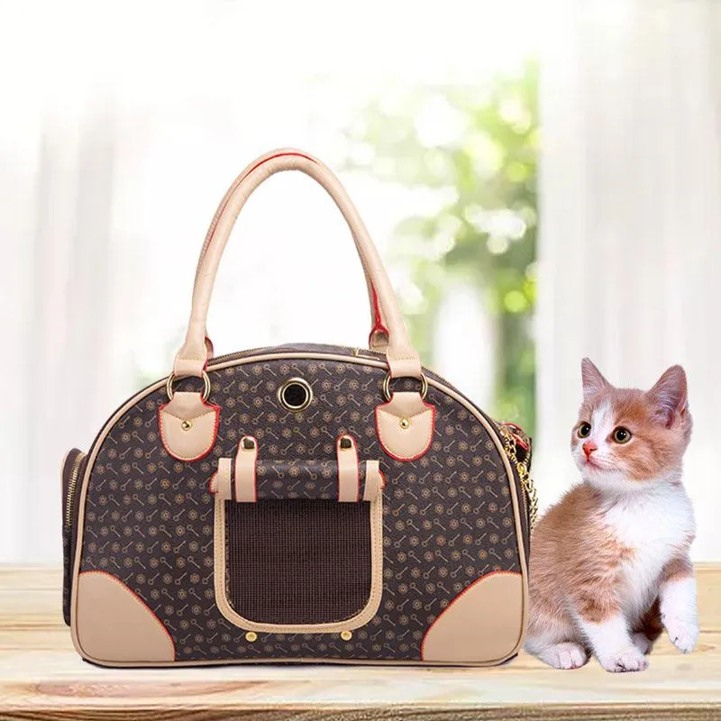ZC Luxury Fashion Dog Carrier Pu Leather Puppy Handbag Purse Cat Tote Bag Pet Valise Travel vandring shopping brun stor2714