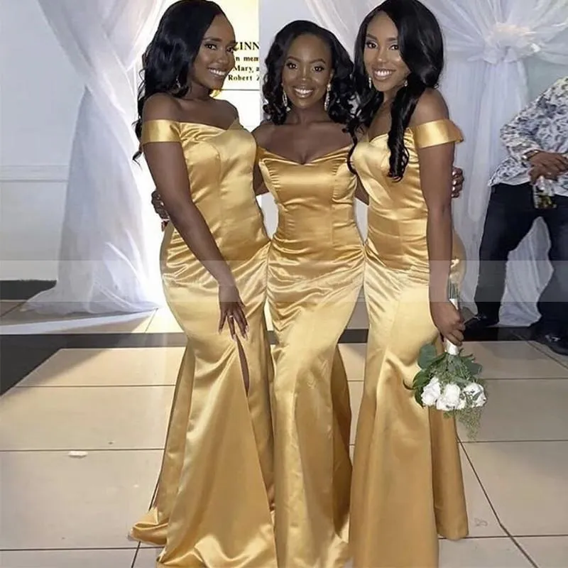 slim fit dress slacks Long Gold Satin Off Shoulder Mermaid Bridesmaid Dresses main image 0