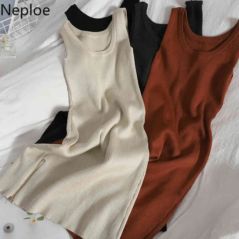 NEPLOE Bodycon Sukienki dla Kobiet Moda Zamki Dress Dress Summer Koreański Bez Rękawów Szata Szczupła Knit Casual Solid Vetidos Mujer 210422