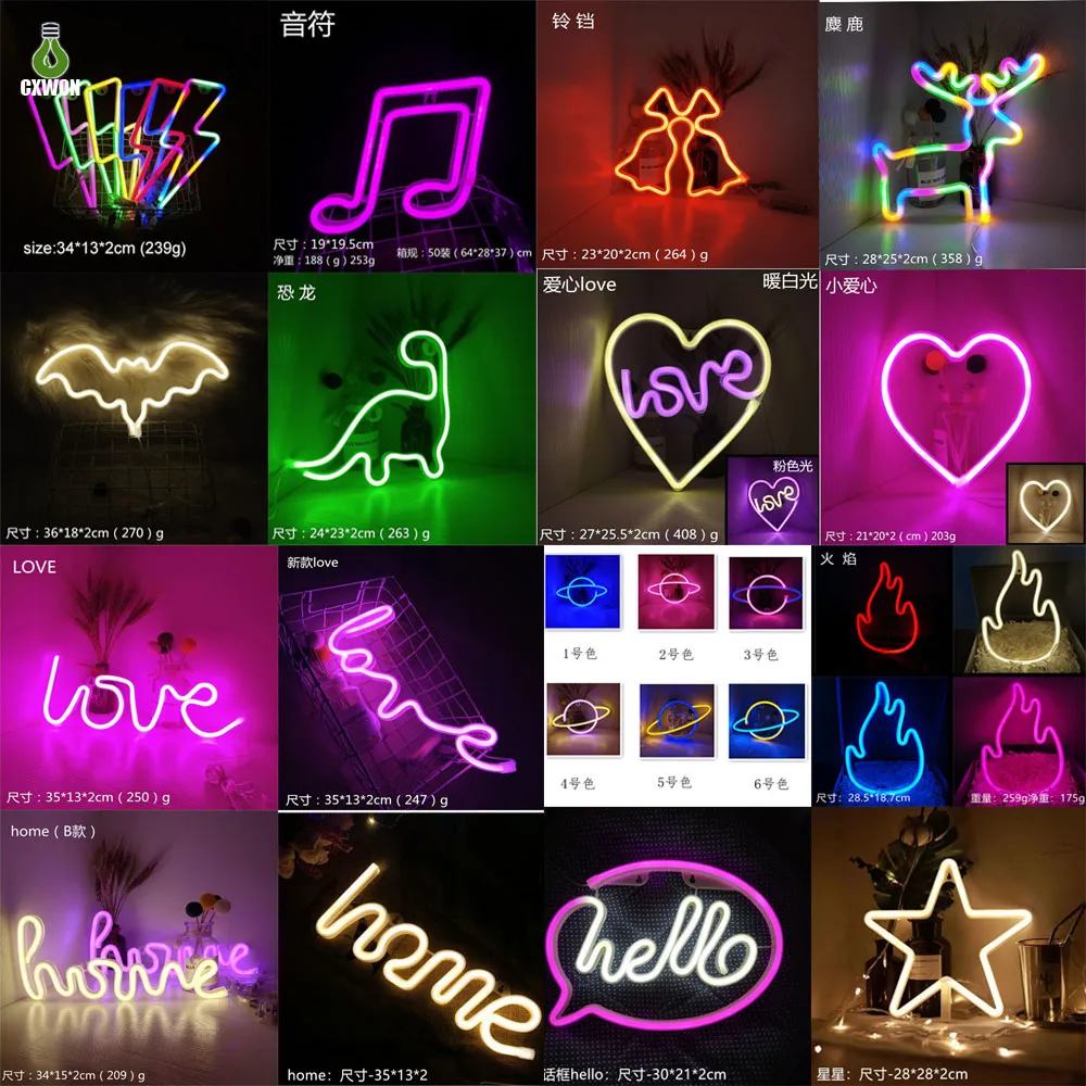 Insegne luminose al neon multistili Decorazione da parete Lampada a LED Batteria arcobaleno o luci notturne da tavolo azionate tramite USB per camerette per bambini