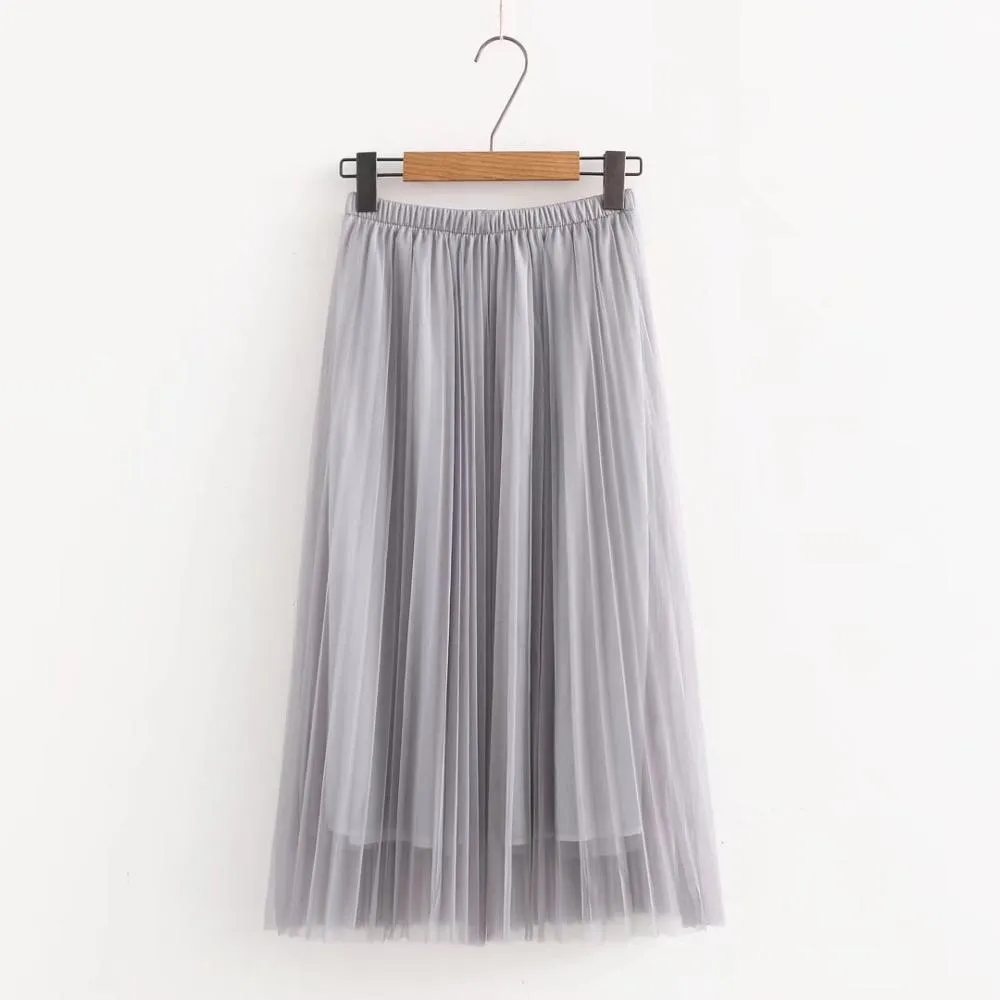 Summer Women Tulle Skirt Pleated Skirt Black High Waist Midi Skirts Thin Chiffon Mesh Yarn loose Long Skirts Women 210426