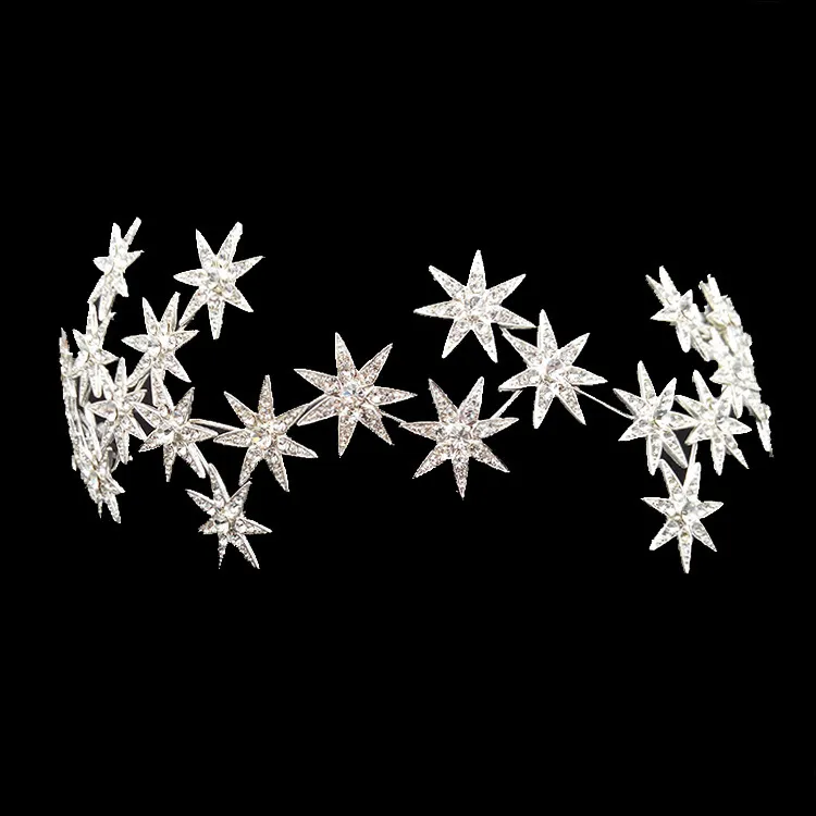 Luxury Sparkling Bridal Crown Headband Tiaras Silver Color Crystal Stars Crowns Wedding Hair Jewelry Accessories Women Headpiece