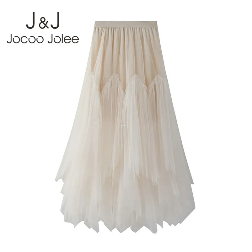 Joloo joloe mulheres primavera outono irregular kawaii a linha plissada plissada longa saia gaze malha doce natural elegante tutu 210518