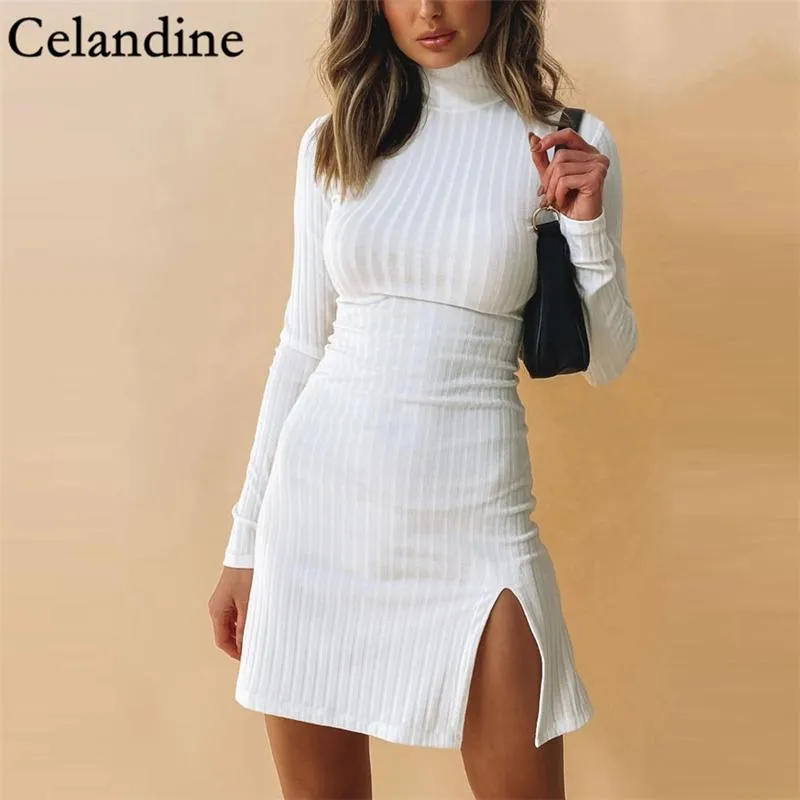 Celandine Autumn Winter 2021 Sexy Bodycon Split Mini Sweater Dress Women Black White Long Sleeve Turtleneck Knitted Dresses Casual