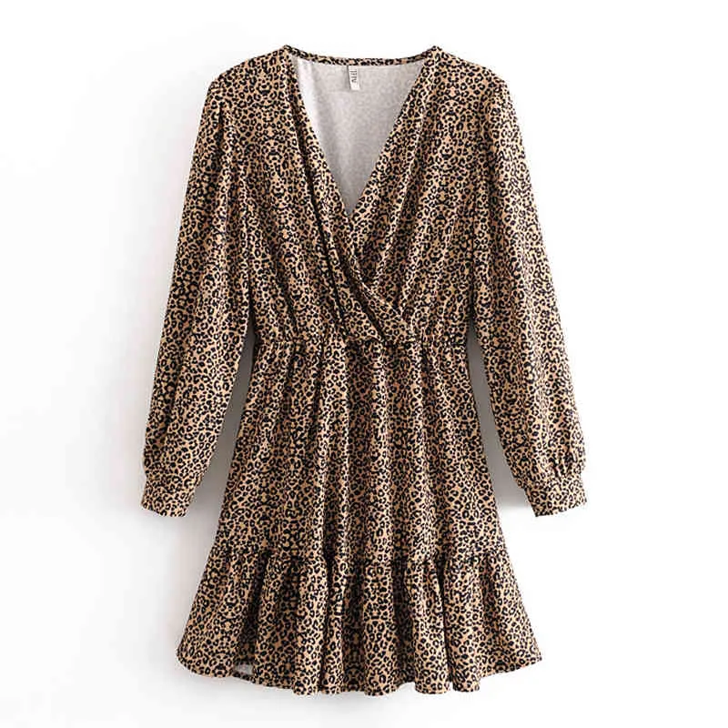 Vintage Leopard Printed Pleated Dresses Women Fashion Cross V-Neck Dress Elegant Ladies Long Sleeve Mini Dresses 210520