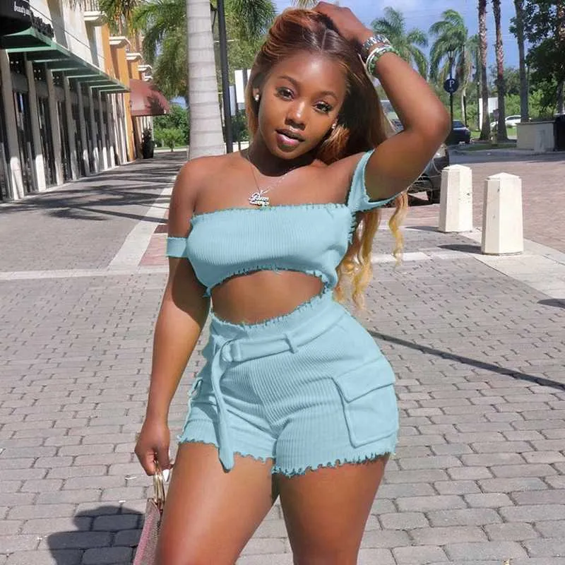 Neon Verde Sexy Two Piece Set Donne Shorts e Top Set Summer Club Outfits 2pcs set corto per le donne Set di corrispondenza Streetwear Y0702