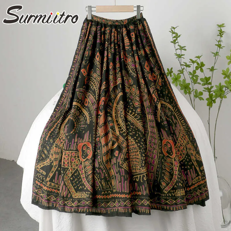 Surmiitro 여름 패션 MIDI 긴 스커트 여성 한국 스타일 검은 빈티지 인쇄 높은 허리 mid-length pleated skirt 여성 210712