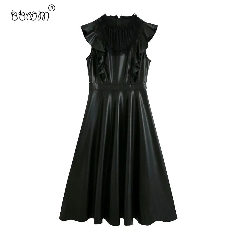 BBWM Women Chic Fashion Lace Spliced Faux Leather Dress Vintage Elegant Back Zipper Pleated Dresses Vestidos Mujer 210520