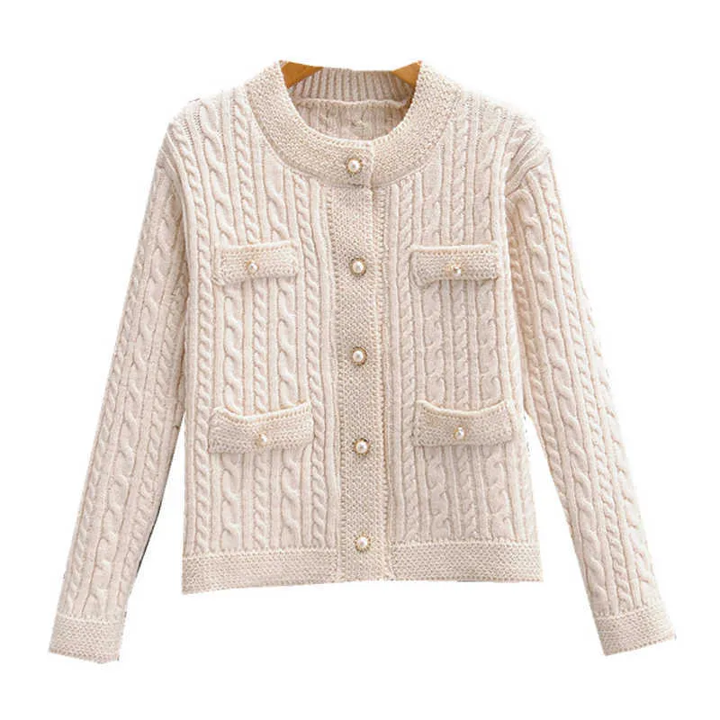 Kanske är du kvinnor tröja stickad kabel crew neck o nacke cardigan pärla knapp beige svart höst solid kort beskärda M0256 210529