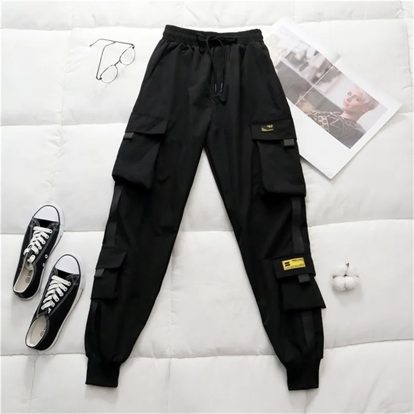 Spring Women's High Waist Cargo Byxor Vinterpäls Sport Lös Harajuku BF Velvet Elastics Trousers 210915