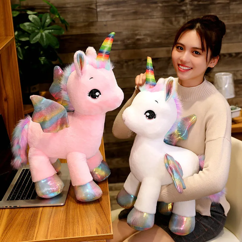 40cm ~80cm Great Unicorn Plush Toy Fantastic Rainbow Glowing Wings Stuffed Unicornio Doll for Girl Unique Horn Colorful Feet 220304