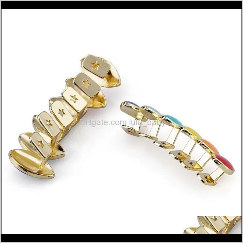 18K Gold Plated Vampire Teeth Dental Grills Punk High Grade Men Women Street Fashion Multicolor Hip Hop Grillz 2-Piece Set