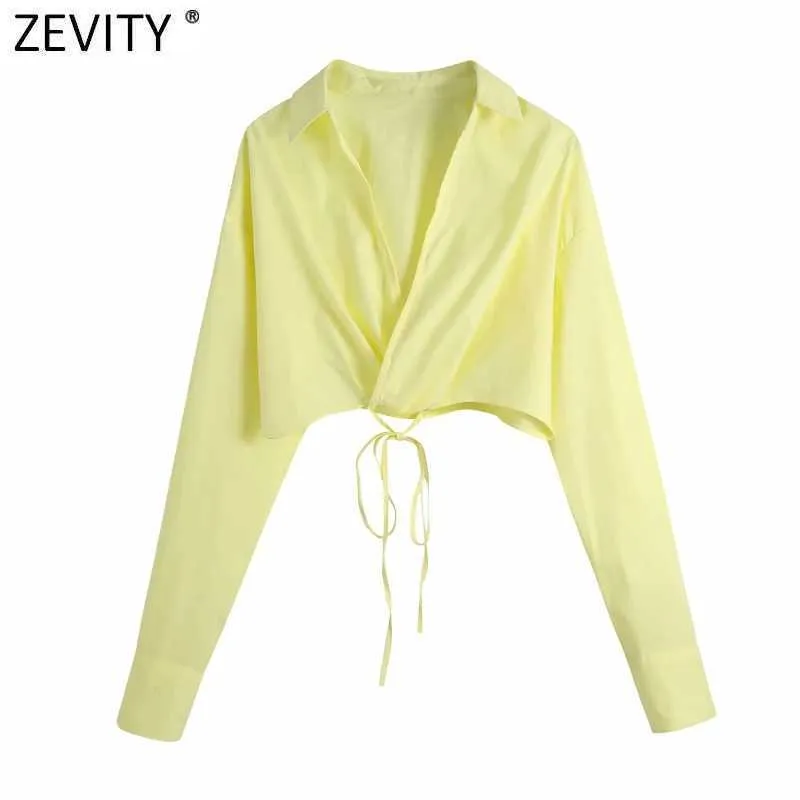 Zevity Women Fashion Cross V Neck Hem Bow wiązana Krótkich Smock Bluzka Kobieta Z Długim Rękawem Kimono Koszulki Chic Crop Blusas Topy LS90081 210603 \ t