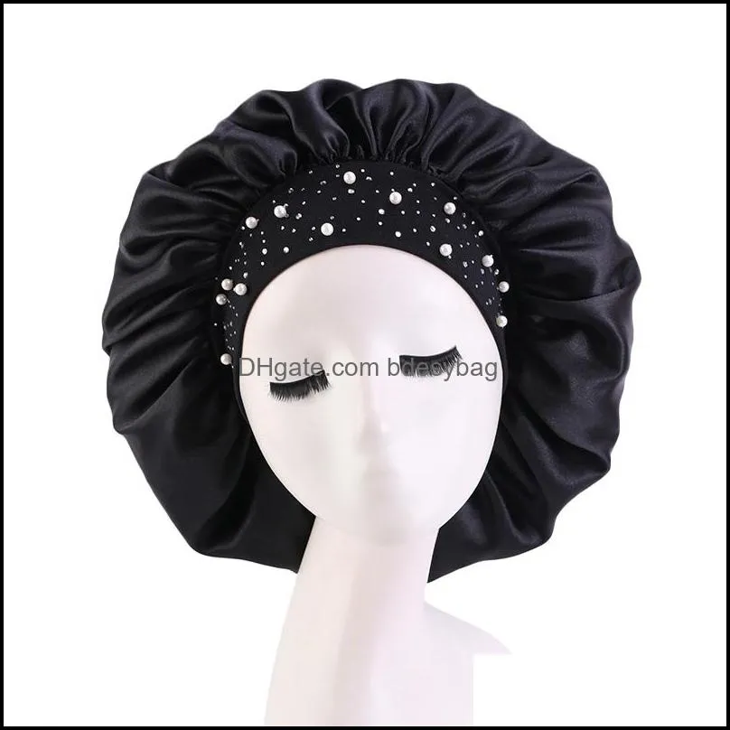 Beanie / SKL hattar kepsar hattar, halsdukar handskar mode aessories2021 Soild Color Rhinestones Pearl Decoration Satin Bonnet med elastiskt band så