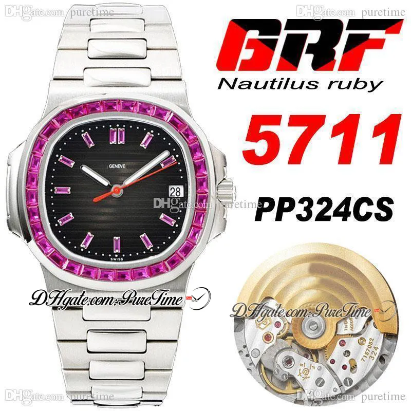 Grf 5711 rubi bezel pp324cs a324 relógio automático relógio cinzento textura dial marcadores de pau de pau de aço inoxidável pulseira de aço super edição hip hop jóias relógios puretime