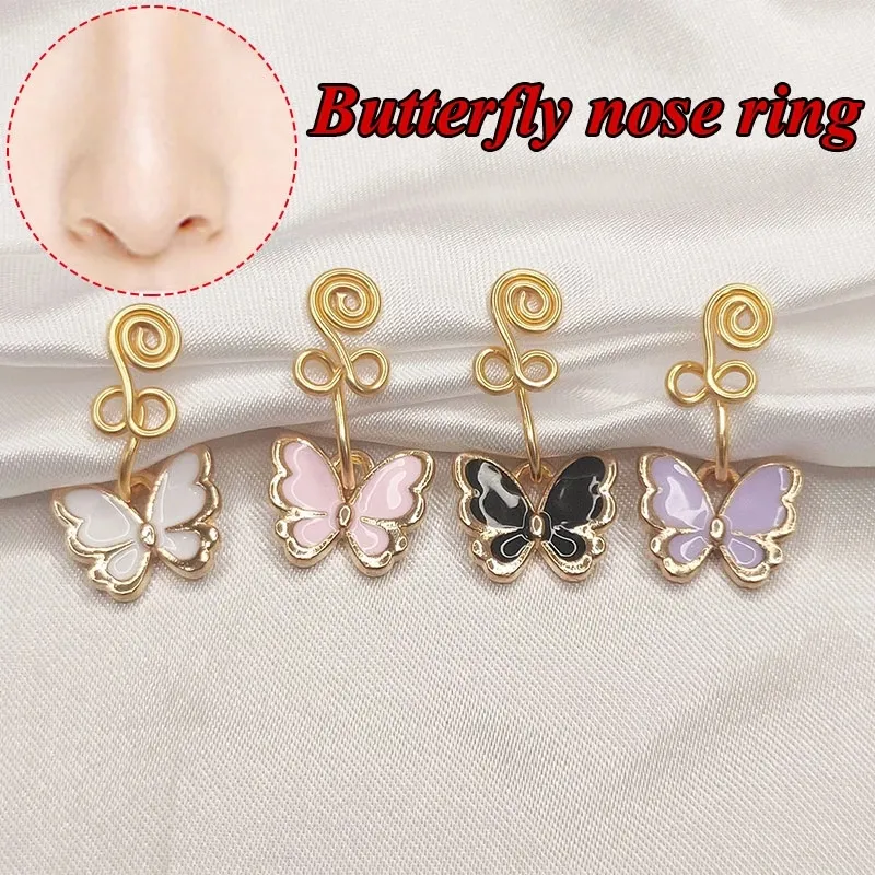 Nose Rings Butterfly Copper Wire Spiral Fake Piercing Nose Ring Punk Nightclub Nail Nose Stud No-Piercing Ear Clip Cuff Body Accessories Jewelry