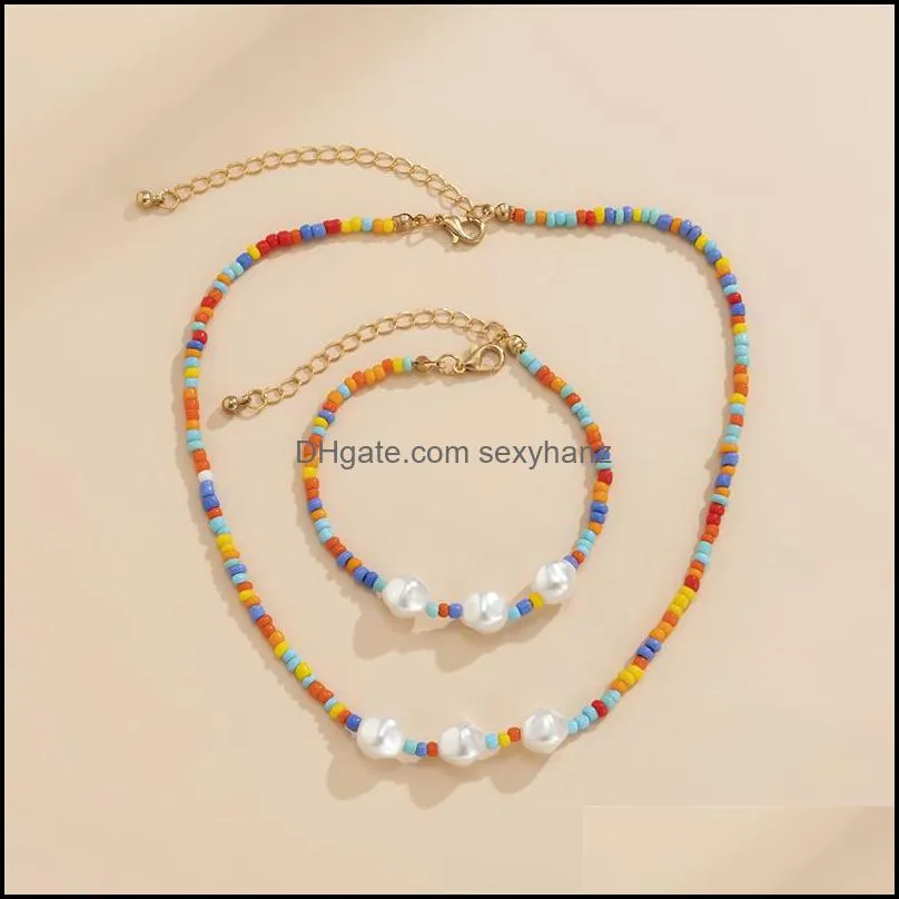 Yamog Baroque Imitation Pearl Splicing Beaded Bracelet & Necklace Women Colorful Retro Handmade Necklaces European Vacation Party Hand Ornaments Sets