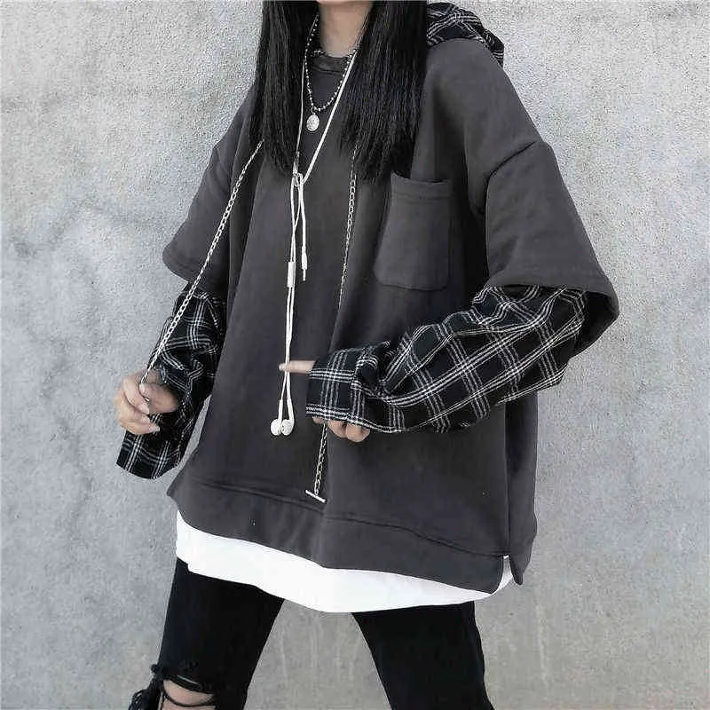 Deeptown Striped Sweatshirt för kvinnor Svart gotisk stil Hoodie Patchwork Grunge Långärmad Plaid Pullovers Korean Fashion 211108