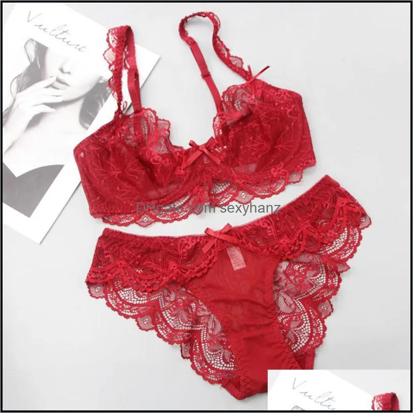 Bras Sets Sexy Transparent Bow Underwear Set Wine Red Unlined Back Closure Bra For Women Think Lace Adjusted-straps