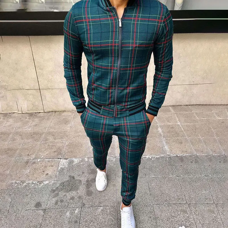 Men s Plaid Style Zipper Jacket Sets Gym Clothing Casual Jogging Running Suits
