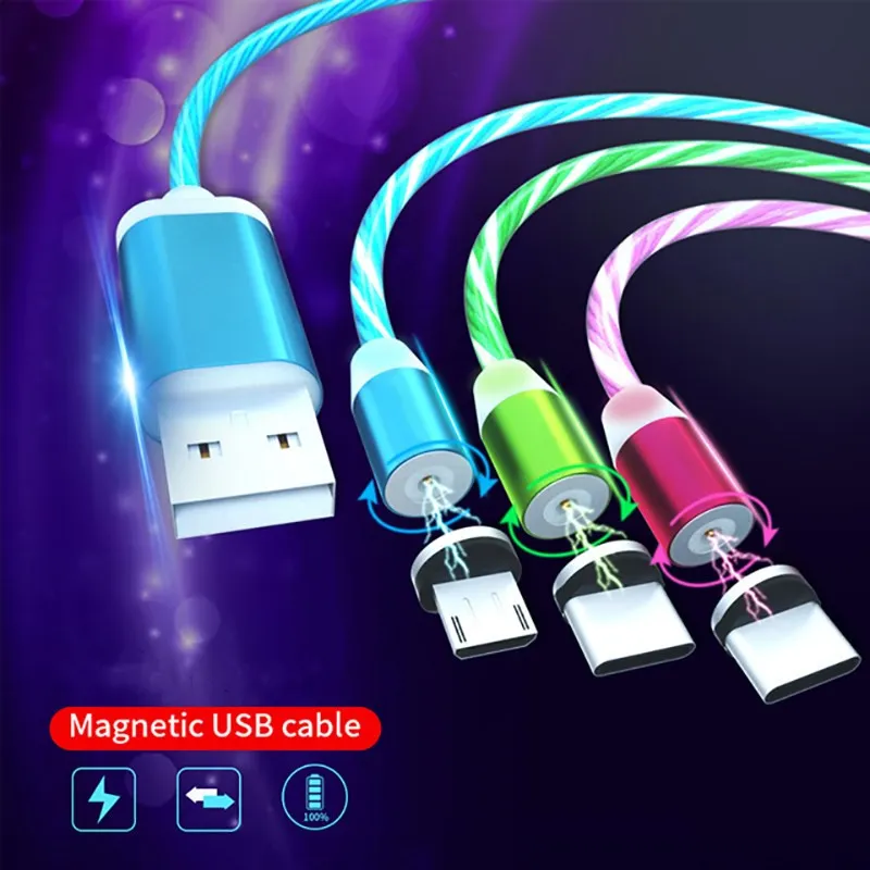 Светодиодная магнитная зарядка мобильного телефона поток кабеля света освещения зарядное устройство для Samsung Micro USB типа C для iPhone
