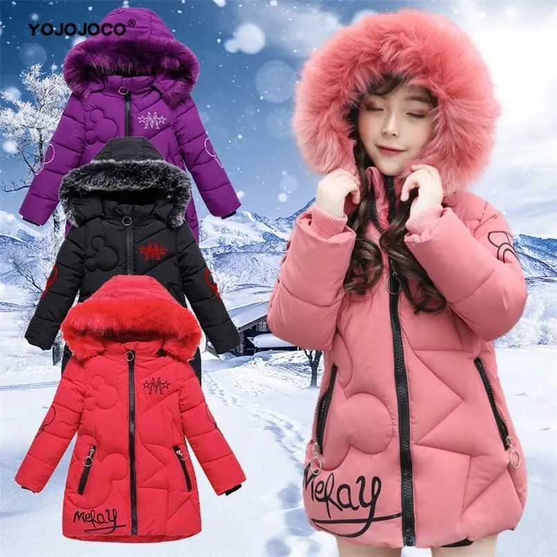 Babymeisje kleding 3-12 jaar oud winter gewatteerde jas warme mode kinderen hooded meisjes faux bont 211203