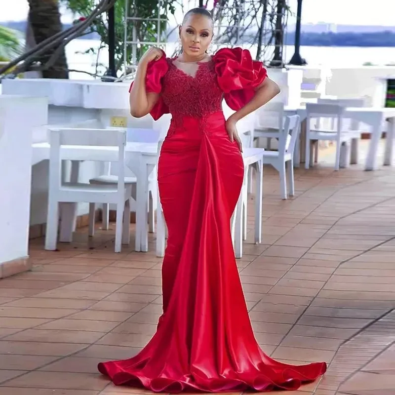 Elegant Red Puffy Short Sleeve Prom Dresses Mermaid O Neck Evening Party Gowns Plus Size African Womens Special OCN kjolar Robe de Marriage Cn CN CN CN CN