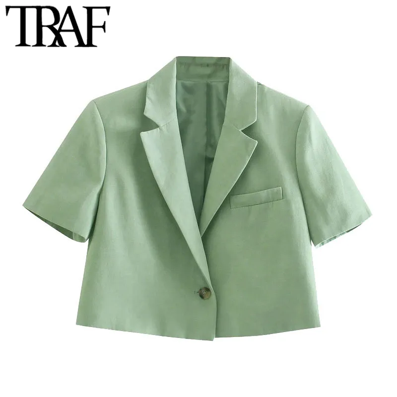 TRAF Women Fashion Single Button Linen Beskuren Blazer Vintage Shorts Sleeve Kvinna Ytterkläder Chic Veste Femme 210415