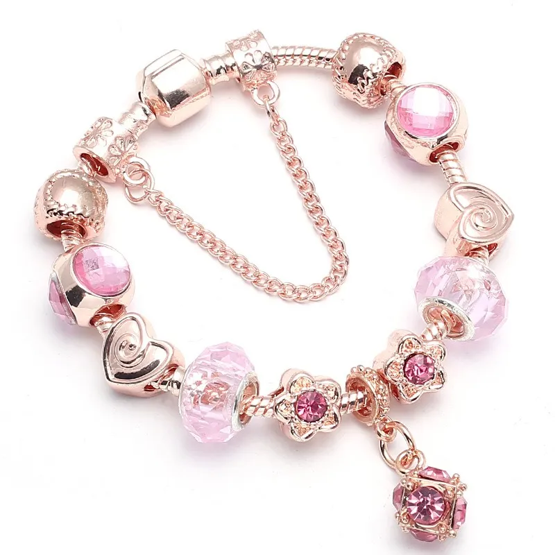 2021 novo charme pulseira rosa cereja de cereja roxo bola de cristal bola pingente coração europeu charme charme beads pulseira se encaixa pandora charme braceletes colar