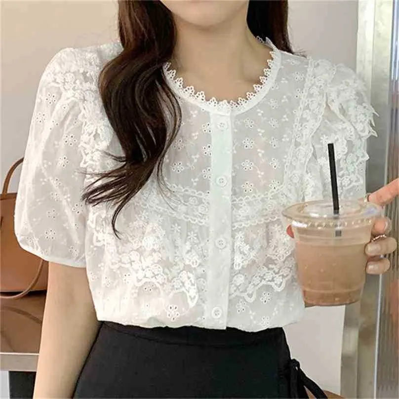 Bianco Plus Size S-XL Patchwork Lace Lady Summer Femme Casual Streetwear Chic Camicie maniche corte OL Camicette 210525