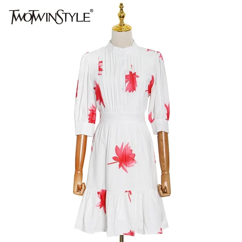 Elegant Hit Color Summer Dress For Women Stand Collar Half Sleeve High Waist Midi Dresses Female Fashion 210520