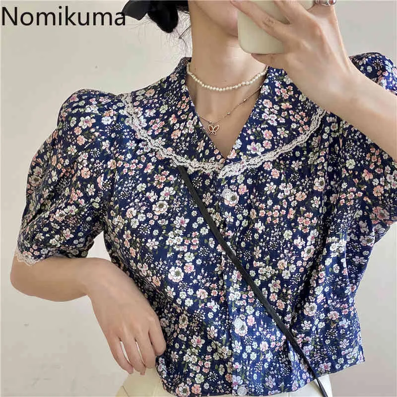 Nomikuma Camicie con stampa floreale patchwork in pizzo Camicie a maniche corte con colletto Peter Pan Camicetta monopetto vintage Blusas 210514