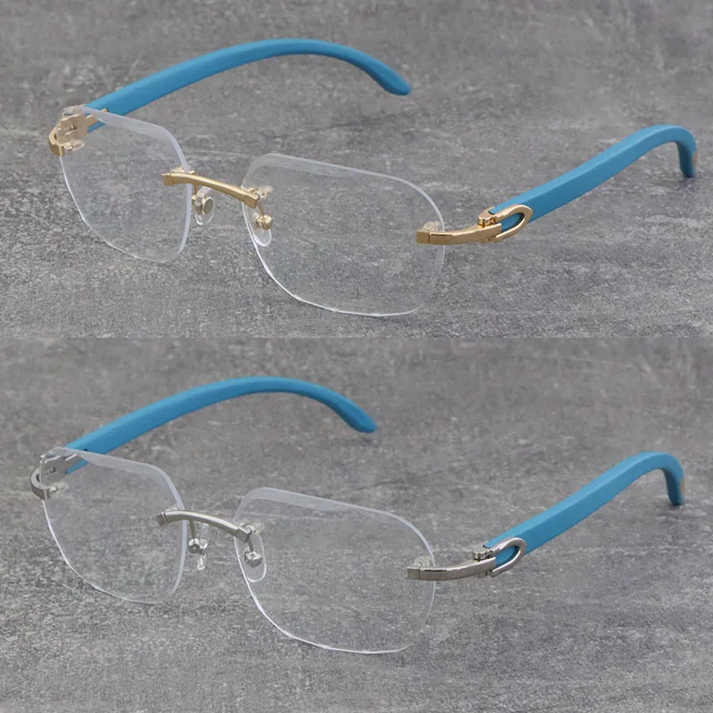 New Design Blue Wooden Rimless Metal Frames Square Optical Fashion Eyeglasses 18K Gold Classic Styles Frame 3524012 Woman Glasses Diamond cut Lens Eyewear Size:58