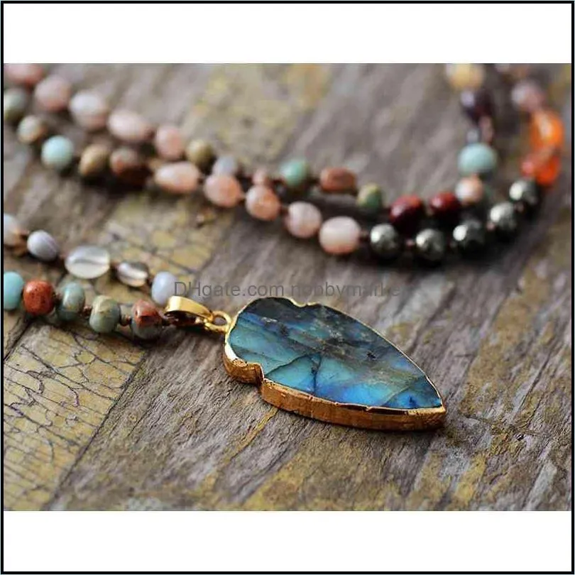 Boho Random Shape Natural Stone Strawberry Quartz Pyrite Labradorite Pendant Necklace Women Bead Lariat Necklaces Dropship 210323