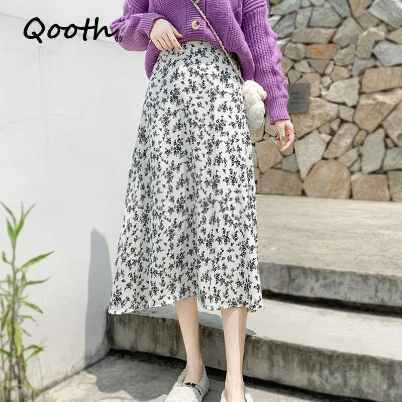 Qooth Bedruckter Blumenrock Koreanischer Stil Hohe Taille Dünner Frühling Sommer Große A-Linie Süßes Mädchen All-Match QT532 210609