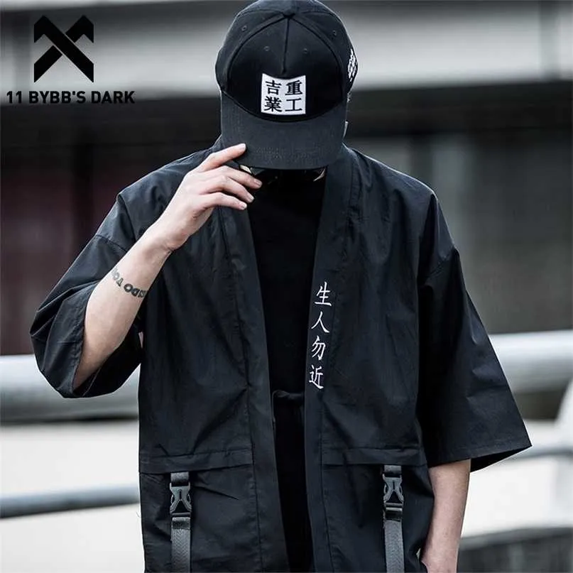 11 BYBB's Dark Harajuku Otwarte Kurtki Stitch Mężczyźni Hip Hop Cienkie Płaszcze Wstążki Japoński Styl Mężczyzna Siedem Centrum Sleeve Streetwear 211110