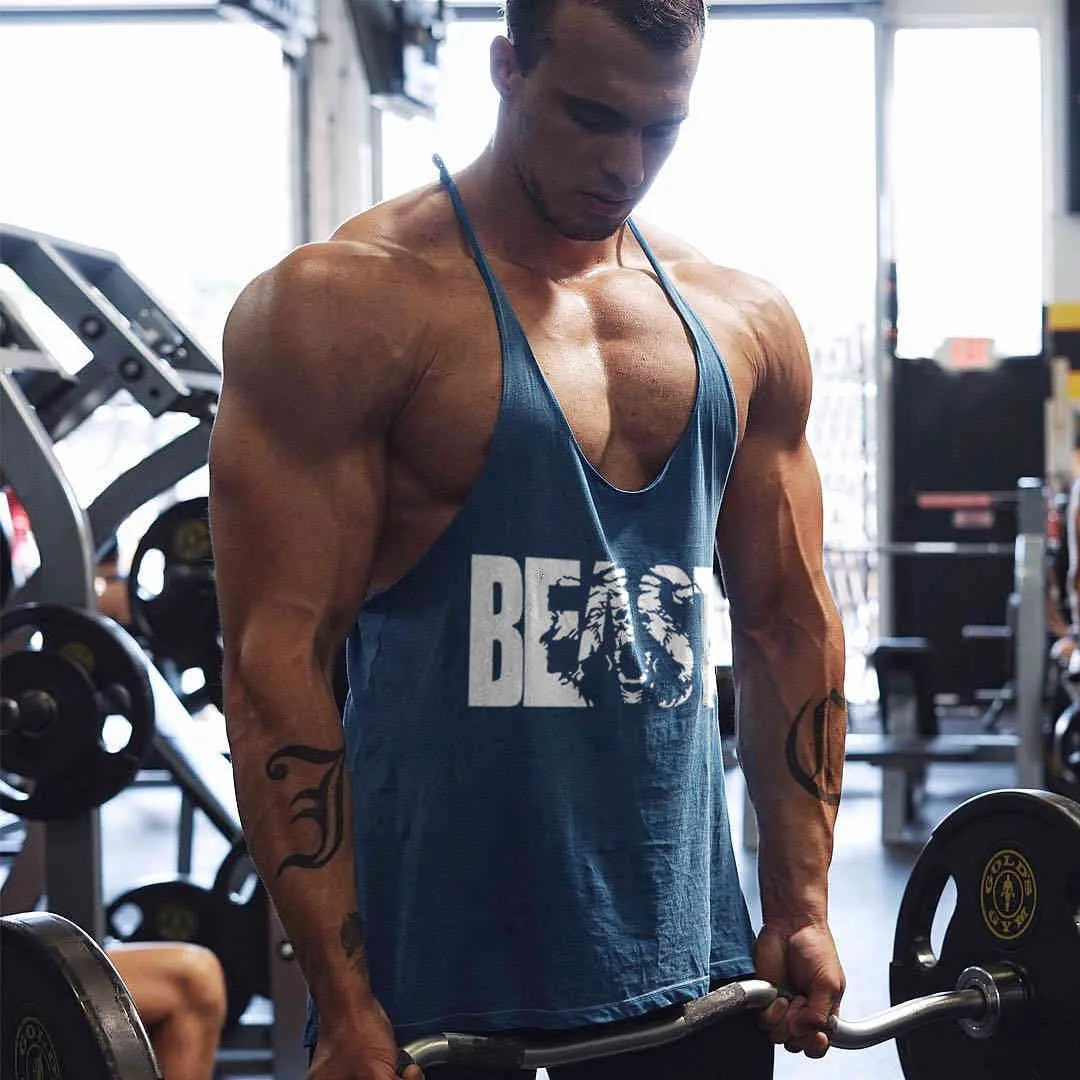 Débardeur de gymnastique pour hommes, imprimé «BEAST», dos en Y, Fitness, sangle légère, ajustement musculaire, Stringer, musculation, t-shirt extrême