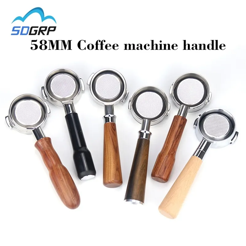 58MM Stainless Steel Double Ear Coffee Machine Handle Bottomless Filter Portafilter Universal Wooden E61 Espresso Coffee Tools 210712