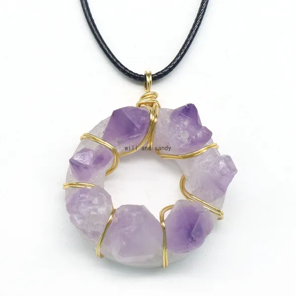 Round Natural Stone Amethyst Pendant Necklace Wire Wrapped Donut Pendant Irregular Healing Crystal Collar Necklaces for Women Fashion Jewelry Will and Sandy