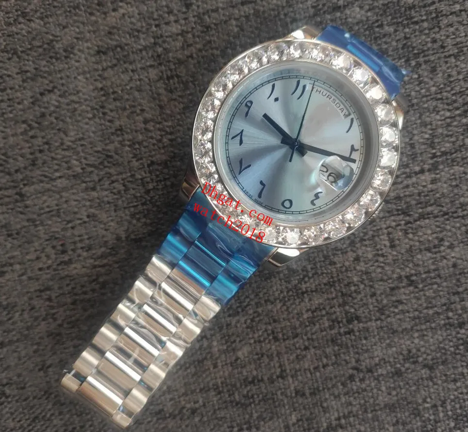 Herrenuhren, römische Uhr mit größerer Diamant-Lünette, eisblau, arabisches seltenes Zifferblatt, 41 mm, automatisches silbernes Edelstahlarmband, modische Armbanduhr