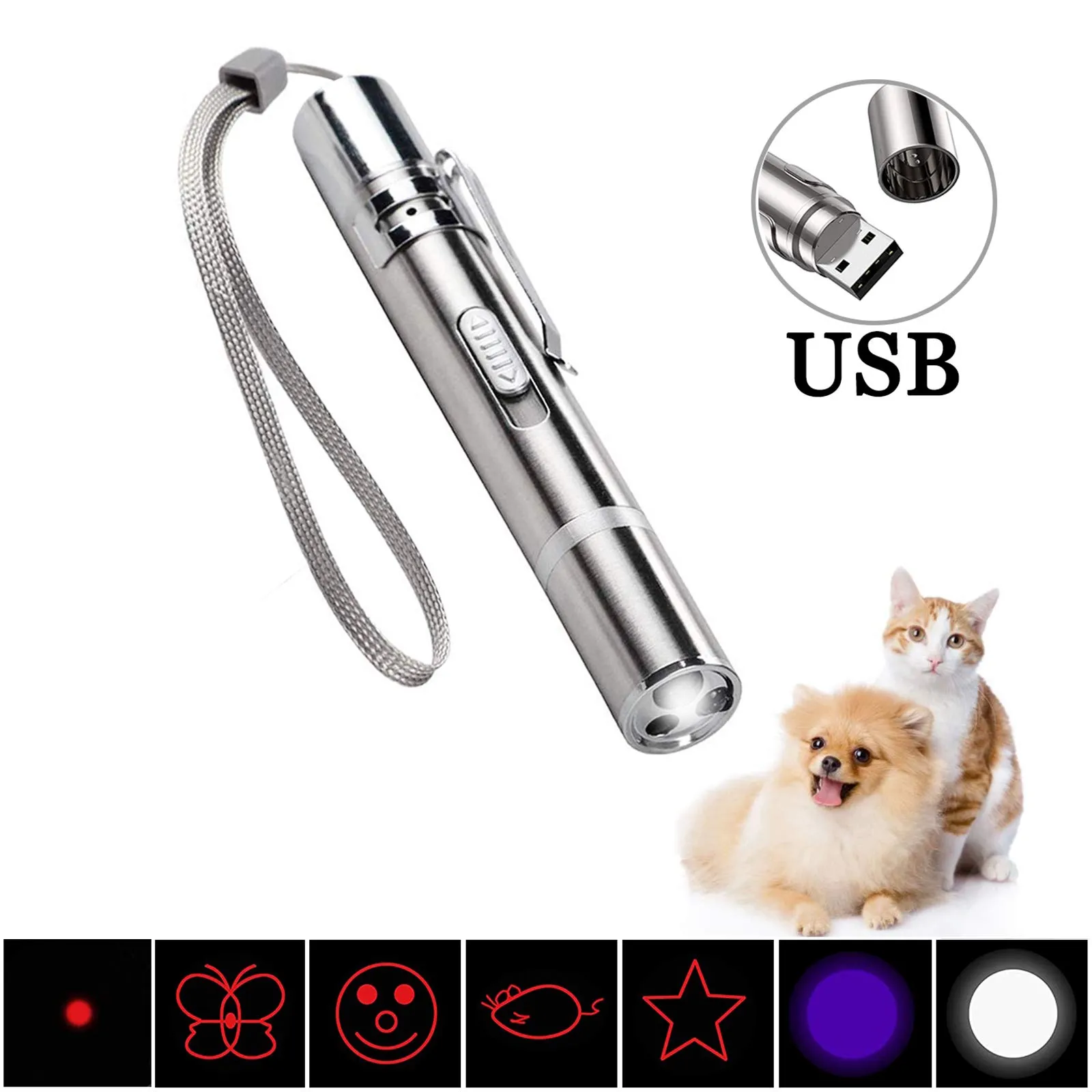 3-In-1 Pet Laser Pointer Cat Laser Toy USB Rechargeable Red Dot Laser Light Funny Cat Chaser Stick Interactive Pointer