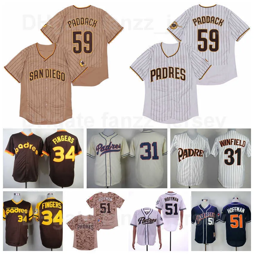 レトロな野球ヴィンテージ51 Trevor Hoffman Jersey 31 Dave Winfield 34 Rollie Fingers 59 Chris Paddack Brown White Grey Beigeチームカラーすべてのステッチリテア1948 1984